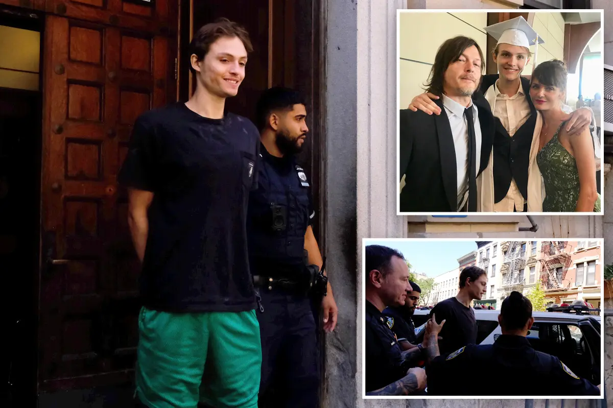 Mingus Reedus escorted by NYPD officers after his arrest in New York, alongside inset photos of him with Norman Reedus and Helena Christensen.