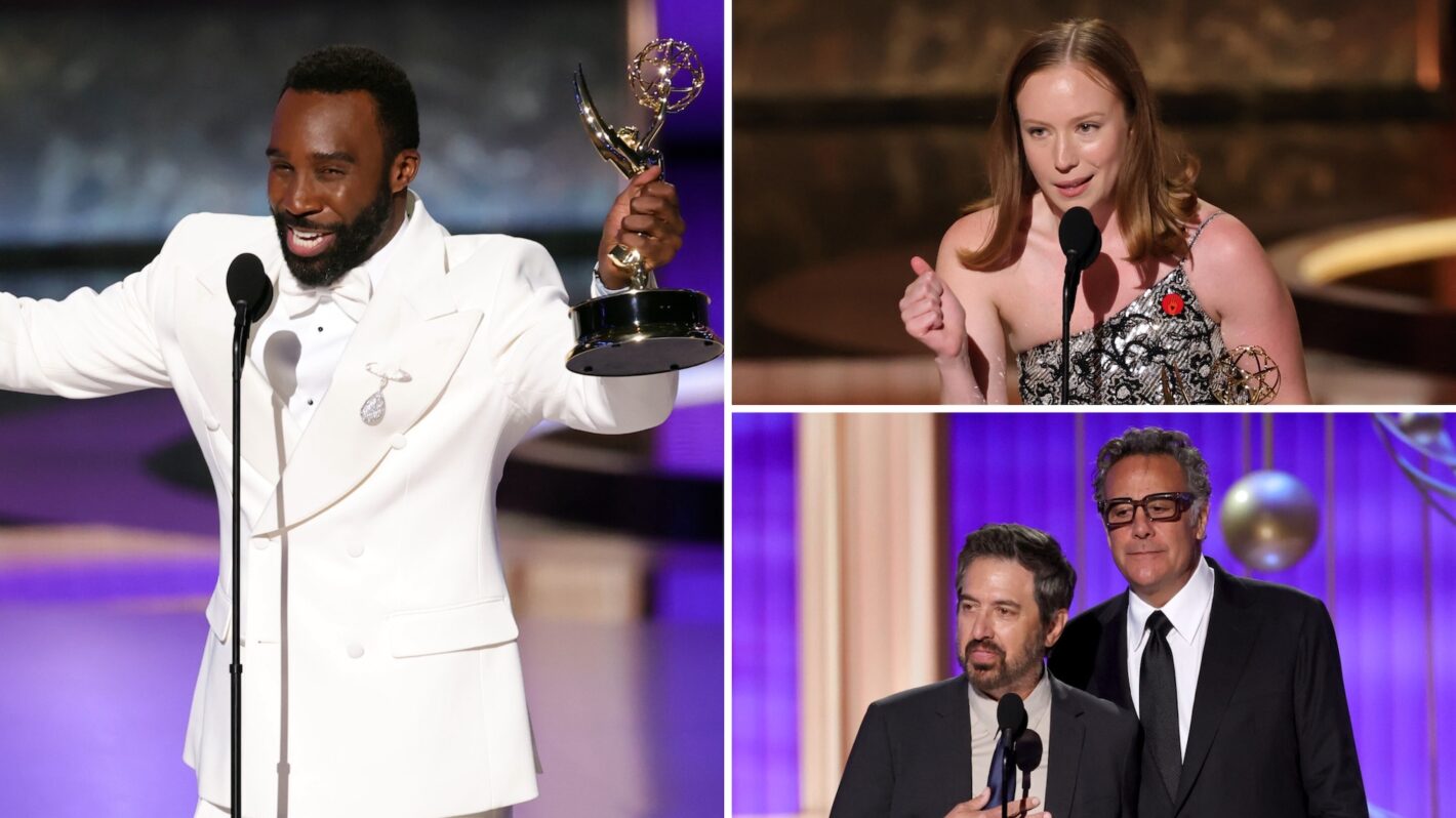 Collage of 2025 Emmy Awards moments: a male winner in a white suit holding up an Emmy trophy and smiling at the microphone, actress Hannah Einbinder delivering a speech in a floral gown, and two male presenters standing together on stage.