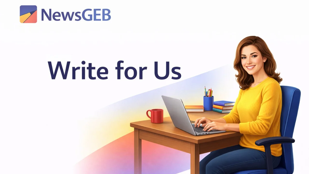 NewsGEB Write for Us page showing a content writer working at desk for guest posting and article submission