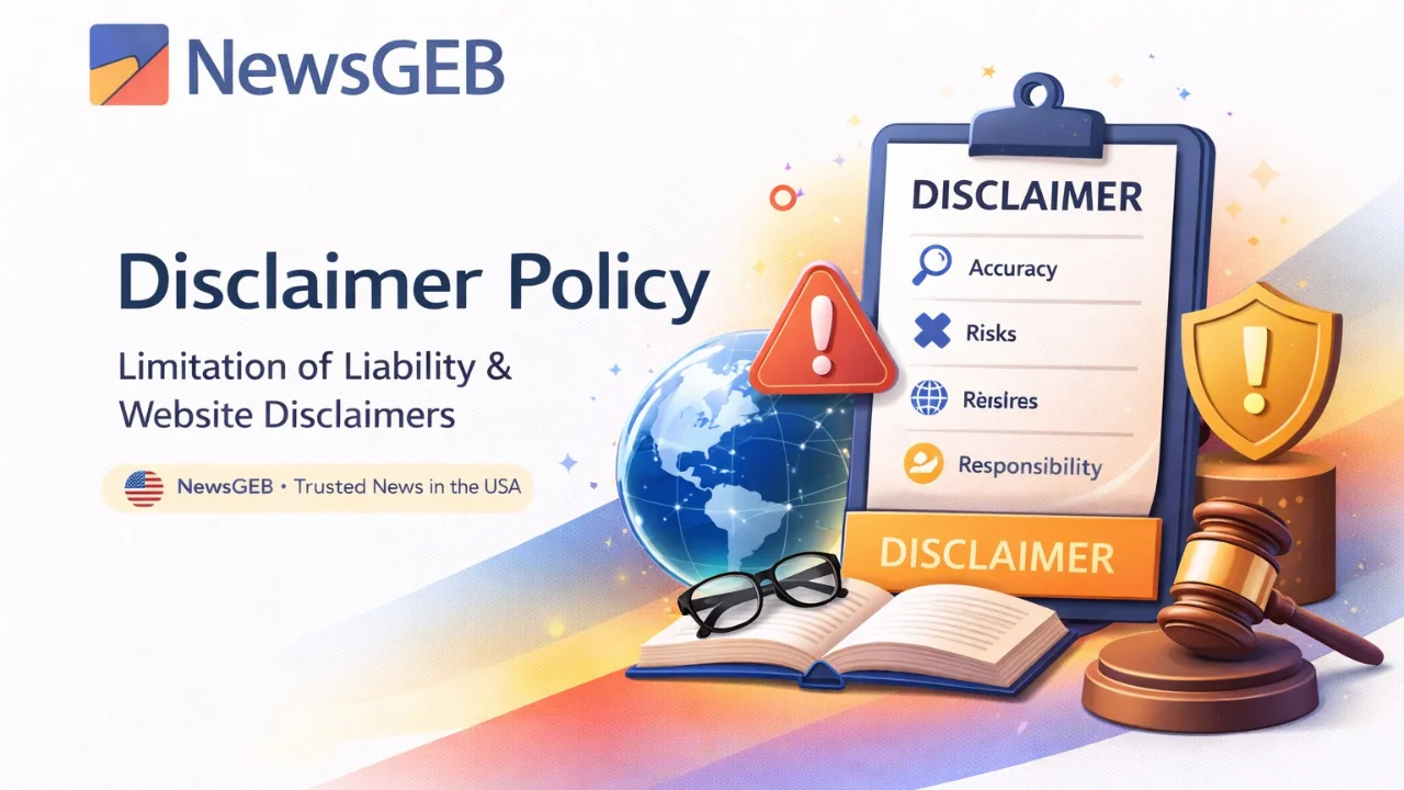 NewsGEB Disclaimer Policy image explaining legal liability, accuracy, and website disclaimers for users in the USA