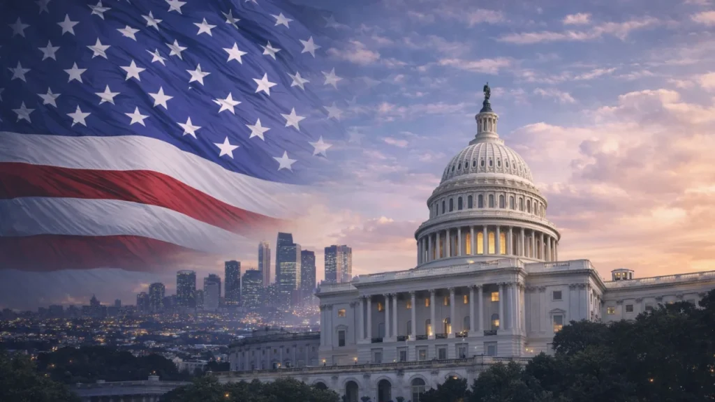 U.S. Capitol building in Washington DC skyline with financial market charts representing the American economy and interest rate trends
